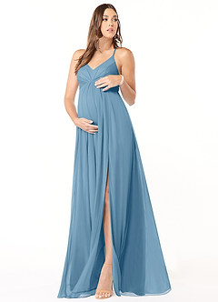 Azazie Annabelle Robes de demoiselle d'honneur de maternité Robe Trapèze Col V plissé Longueur ras du sol Maille image1