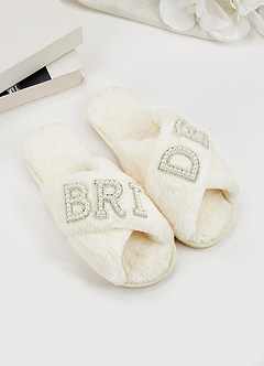 front Fuzzy Pearl Bride Slippers