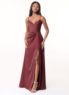 Azazie Brielle Bridesmaid Dresses Merlot A-Line Cowl Spaghetti Straps Stretch Satin Dress image1