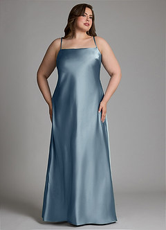 Azazie Jaleesa Vestidos de damas de honor Vestido Azul Polvoriento de Satén Elástico de Corte Recto con Cuello alto image9