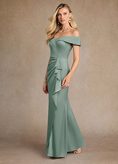 Azazie Laredo Moeder van de bruid jurken Zeemeermin Jurk van Stretch Satijn Off the Shoulder Zilveren Salie image5