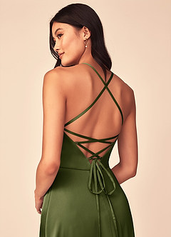 Azazie Mei Brautjungfernkleider A-Linie V-Hals Stretch-Satin Kleid Olivgrün image3