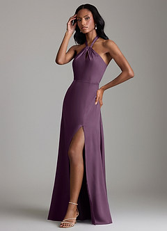Azazie Tracie Bridesmaid Dresses Plum A-Line Side Slit Stretch Satin Dress image4