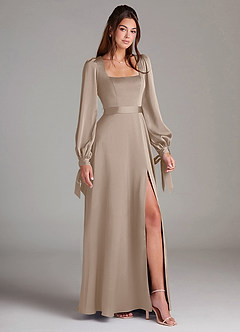 Azazie Leonia Bridesmaid Dresses Taupe A-Line Long Sleeve Stretch Satin Dress image9