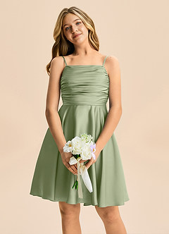 Azazie Miko Junior Pistachio A-Line Pleated Stretch Satin Dress image6
