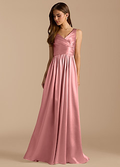 Azazie Keyla At-home Try On Dresses Auburn A-Line Pleated Metallic Satin Dress image3