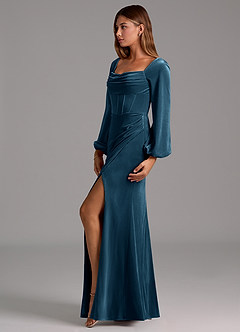 Azazie Charissa Jurken voor bruidsmeisjes Jurk van flueel met Kolom Lange mouw Blauwe Topaas image4