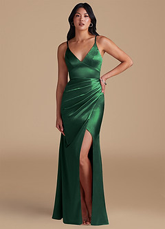 Azazie Shania Bridesmaid Dresses Dark Green Sheath Pleated Metallic Satin Dress image5