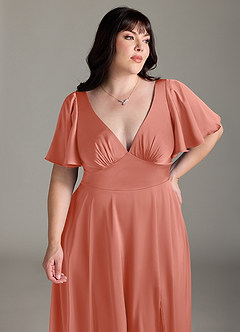 Azazie Kimber Bridesmaid Dresses Salmon Pink A-Line Ruched Stretch Satin Dress image11