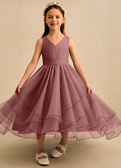 Azazie Seraphina vestidos de niña de las flores Vestido Rosa Del Desierto de Tul de Corte en A con Plisado image4