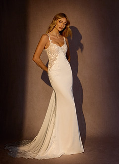 Azazie Lyla Wedding Dresses Diamond White Sand Mermaid Lace Crepe Back Satin Dress image5