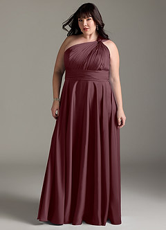 Azazie Charlize Bridesmaid Dresses Sangria A-Line One Shoulder Stretch Satin Dress image13