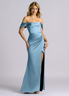 Azazie Auden Bridesmaid Dresses Steel Blue Sheath Off the Shoulder Stretch Satin Convertible Dress image7