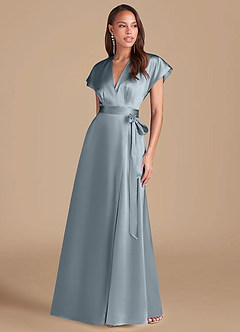 Azazie Nico Bridesmaid Dresses Dusty Blue A-Line Pleated Metallic Satin Dress image1