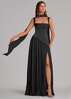 Azazie Stephanie Bridesmaid Dresses Black A-Line Pleated Stretch Satin Dress image1