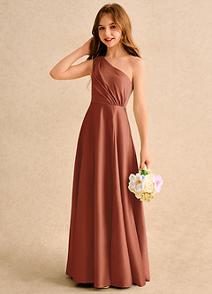 Azazie Puddles Girls Formal Flower Girl Dresses Auburn A-Line One Shoulder Matte Satin Dress image6