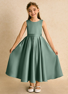 Azazie Junebuj Robe Demoiselle D'honneur Fillette Robe Princesse en Mat Satiné Plissée Eucalyptus image4