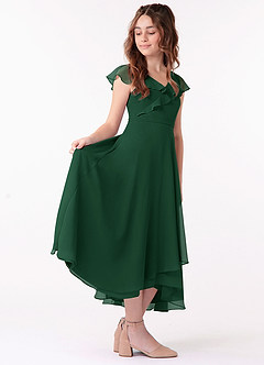 Azazie Posie Junior Dark Green A-Line Ruched Chiffon Dress image3