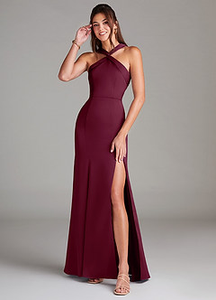 Azazie Rue Robes de demoiselle d'honneur Robe Trapèze en Satin extensible Plissée Mûre image1