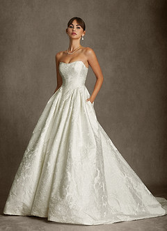 Azazie Bria Wedding Dresses Antique White Ball-Gown Strapless Floral Jacquard Dress image4