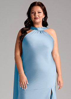 Azazie Kinsley Bridesmaid Dresses Powder Blue Mermaid Side Slit Stretch Satin Dress image13