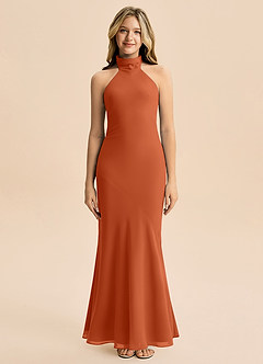 Azazie Velli Junior Meerjungfrau-Linie Hoher Kragen Chiffon Kleid Gebranntes Orange image3