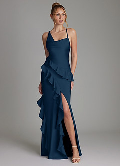 Azazie Jayda Bridesmaid Dresses Dark Navy A-Line Ruched Stretch Satin Dress image1