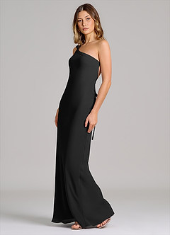 Azazie Monroe Vestidos de damas de honor Vestido de Negro de Gasa de Corte Recto con Hombro unilateral image4