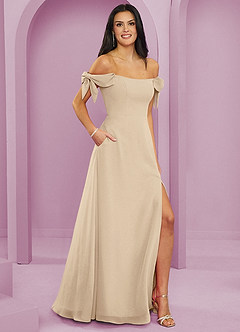 Barbie ♥ Azazie Robes de demoiselle d'honneur Robe Trapèze Convertible en Mousseline de soie Épaule décolletée Champagne image4