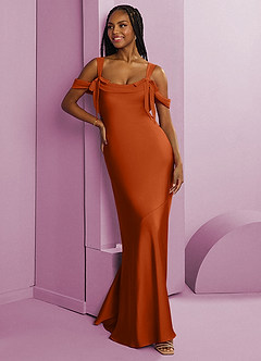 Barbie ♥ Azazie Bridesmaid Dresses Burnt Orange Sheath Pleated Stretch Satin Dress image10