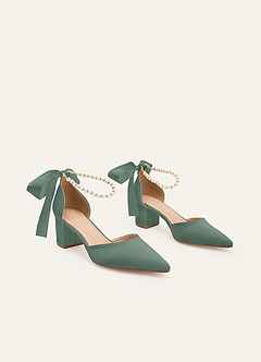 front Matching Color Matte Satin Pearl and Bow Pointed Toe Block Heels