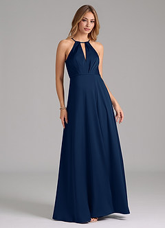 Azazie Evalleen Final Sale Dark Navy A-Line Pleated Stretch Satin Dress image3