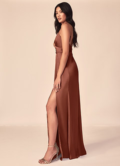 Azazie Aqua Bridesmaid Dresses Clay A-Line V-Neck Pleated Stretch Satin Dress image4