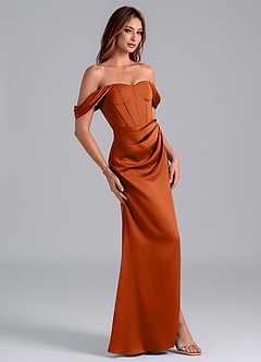 Azazie Asha Vestidos de damas de honor Vestido de Naranja Quemada de Satén Elástico de Corte Recto Convertible con Vestidos sin tirantes image3