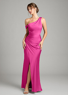 Azazie Madelyn Bridesmaid Dresses Fuchsia Mermaid One Shoulder Stretch Satin Convertible Dress image1
