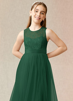 Azazie Georgette Junior Dark Green A-Line Lace Tulle Dress image5