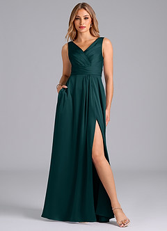 Azazie Karina Bridesmaid Dresses Pine A-Line Pleated Stretch Satin Dress image1
