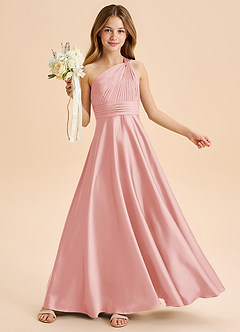 Azazie Charlize Junior Powder Pink A-Line Pleated Stretch Satin Dress image1