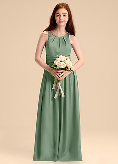 Azazie Bibiane Junior Abito A-Line in Raso Elasticizzato Plissettato Matcha image4