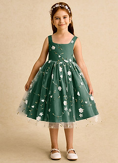 Azazie Bean Flower Girl Dresses Dark Green Ball-Gown Sleeveless Tulle Dress image1