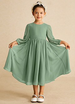 Azazie Lolo Abiti da Ragazza di Fiori Abito A-Line in Chiffon Con Maniche Matcha image3