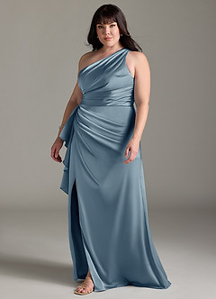 Azazie Maive Vestidos de damas de honor Vestido de Azul Polvoriento de Satén Elástico de Corte Recto con Volante image9