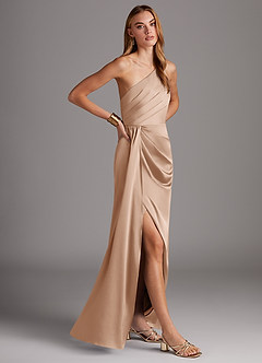 Azazie Mika Bridesmaid Dresses English Rose Sheath One Shoulder Stretch Satin Dress image4
