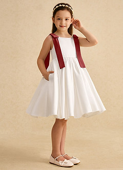 Azazie Stacie Flower Girl Dresses Ivory Rust A-Line Bow Matte Satin Dress image2