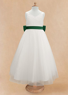 Azazie Lea Flower Girl Dresses Dark Green A-Line Spaghetti Strap Tulle Dress image6