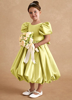 Azazie Jellybean Flower Girl Dresses Lemon Sorbet Ball-Gown Ruched Matte Satin Dress image1