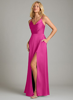 Azazie Sarella Bridesmaid Dresses Fuchsia A-Line Pleated Stretch Satin Dress image5