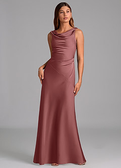 Azazie Nerine 신부 들러리 드레스 A라인 주름진 스트레치 새틴 바닥 길이 드레스 image3