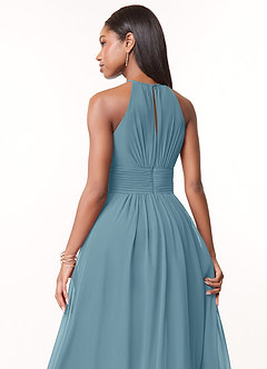 Azazie Bonnie Bridesmaid Dresses Moody Blue A-Line Keyhole Ruched Chiffon Dress image4