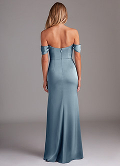 Azazie Saige Bridesmaid Dresses Dusty Blue Sheath Off the Shoulder Stretch Satin Dress image10